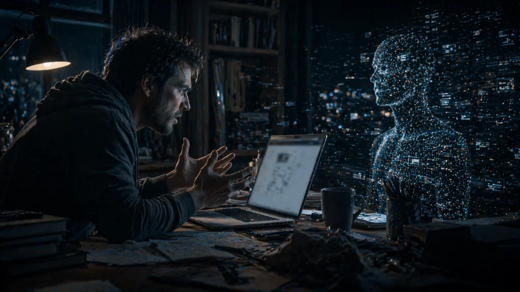 Un hombre gesticula intensamente frente a su computadora portátil mientras una figura humanoide hecha de partículas de luz digital emerge ante él en una habitación oscura.