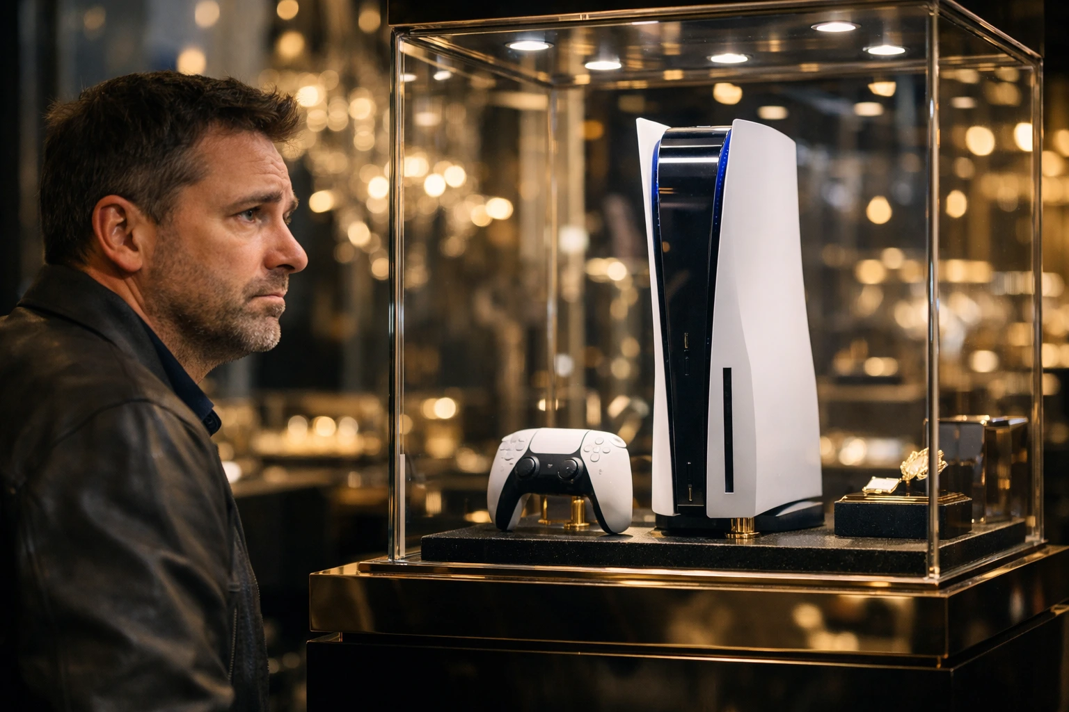 Hombre mirando una PS5 expuesta como artículo de lujo en un escaparate premium.