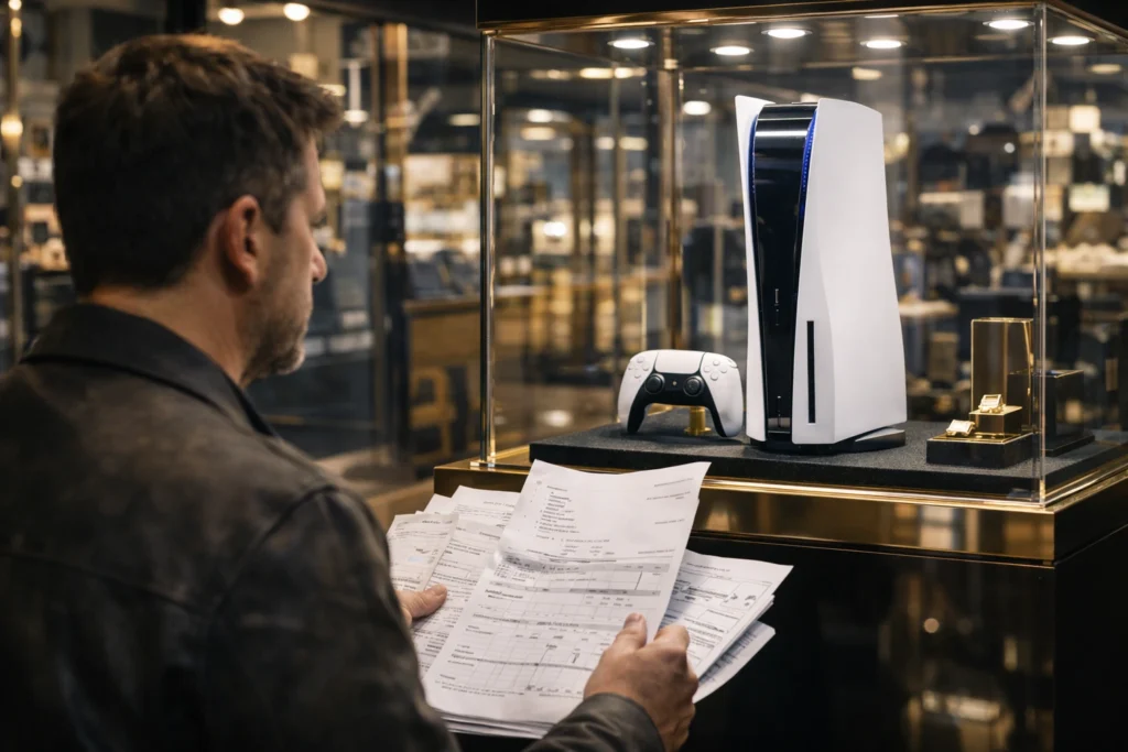 El histórico atraco de Sony: la subida de precio de PS5 que confirma la distopía gamer 6 Comprador sosteniendo papeles frente a una PS5 tratada como electrodoméstico de lujo.