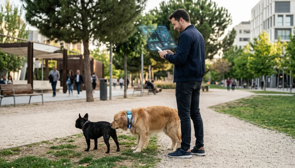 Hombre mirando una app futurista en su móvil mientras su perro con el collar traductor para perros prefiere oler el trasero de otro animal en el parque.