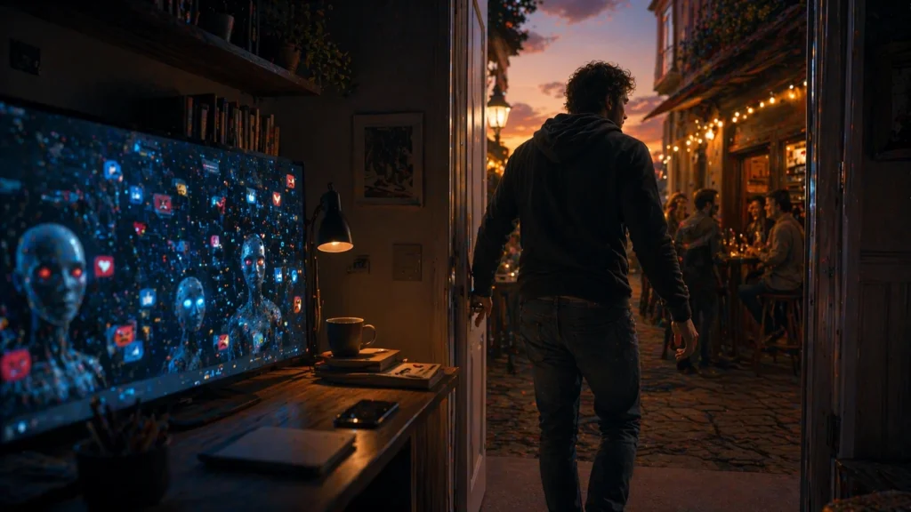 Un hombre en el umbral mira hacia una calle iluminada al atardecer, alejándose de una habitación oscura con un monitor lleno de rostros digitales. Esta escena simboliza la transición de la alienación tecnológica hacia la conexión humana auténtica.