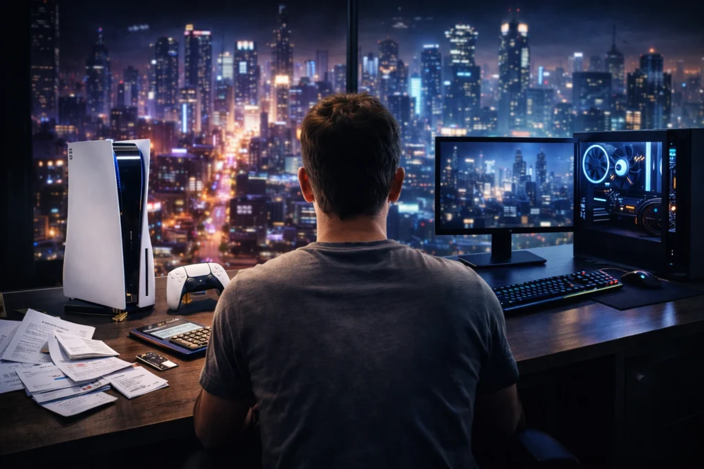 El histórico atraco de Sony: la subida de precio de PS5 que confirma la distopía gamer 5 Jugador dudando entre una PS5 financiada y un PC gaming preparado para jugar y asimilando subida de precio de PS5