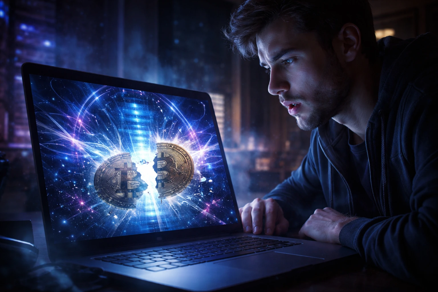 hombre viendo bitcoin roto