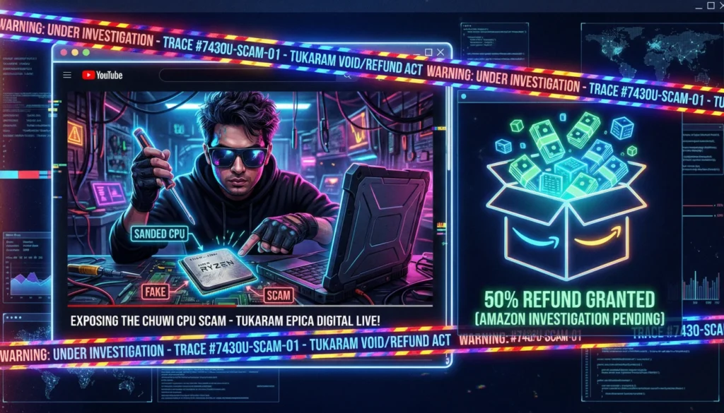 Interfaz de vídeo denunciando un procesador falso junto a una caja de Amazon devolviendo billetes como símbolo de reembolso.