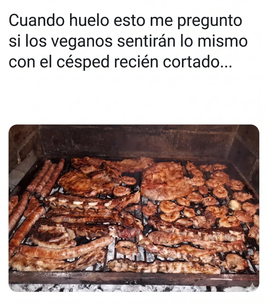 Meme con texto en español sobre el aroma de la carne asada y los veganos, acompañado de una foto de una parrilla repleta de diversos cortes de carne, chorizos y achuras.