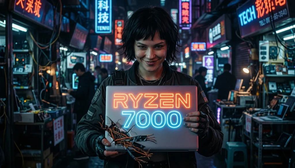 Persona sonriendo de forma engañosa sosteniendo un supuesto portátil Chuwi CoreBook X con publicidad engañosa del que asoman cables oxidados.