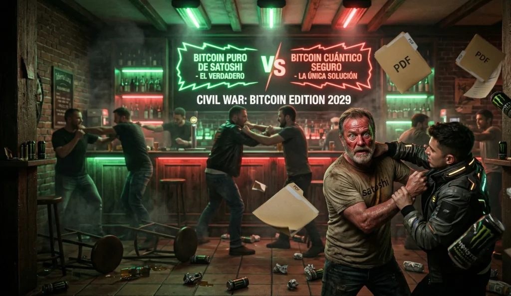 Criptobros peleándose físicamente en un bar español en 2029, lanzándose PDFs y latas de Monster.