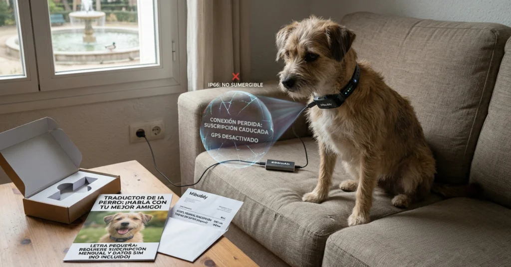 Perro en un sofá con su collar traductor para perros enchufado a la corriente por falta de batería junto a un aviso de suscripción caducada.