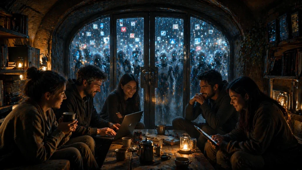 Cinco personas se reúnen en un ambiente acogedor con portátiles y tablets mientras una multitud de bots del internet muerto  los observa desde el exterior bajo una lluvia de iconos digitales.