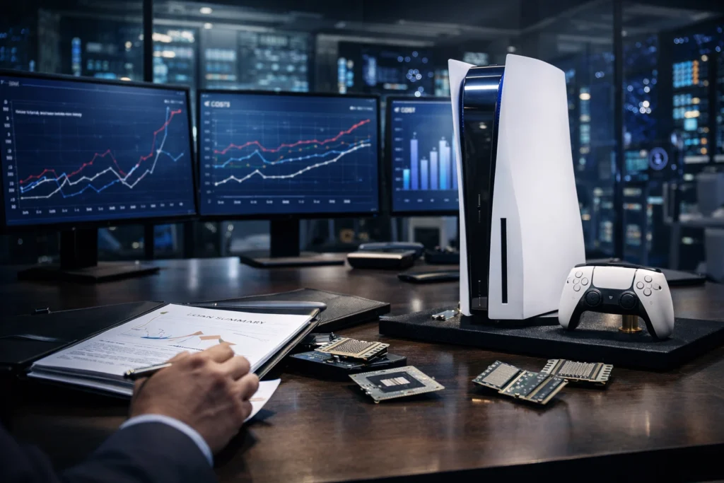 El histórico atraco de Sony: la subida de precio de PS5 que confirma la distopía gamer 4 Despacho corporativo con una PS5, chips y servidores, simbolizando las excusas de la RAM y la IA.