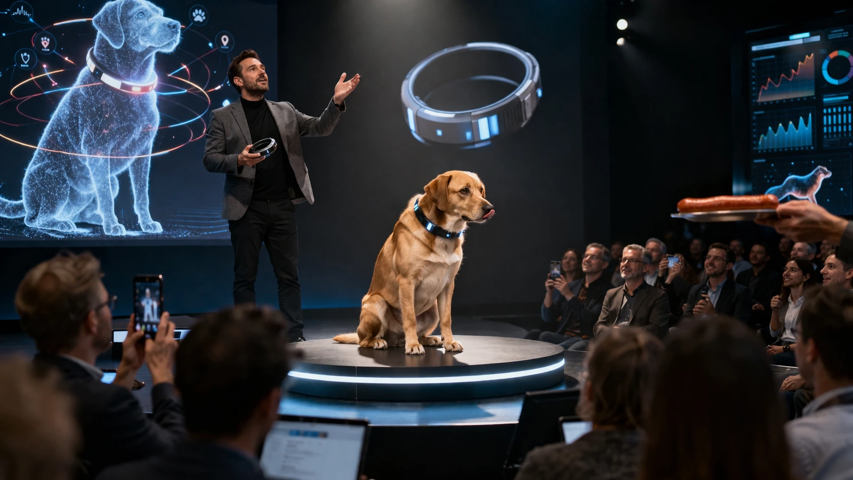 Collar traductor para perros expuesto como tecnología futurista mientras un perro solo piensa en comida ignorando el dispositivo.