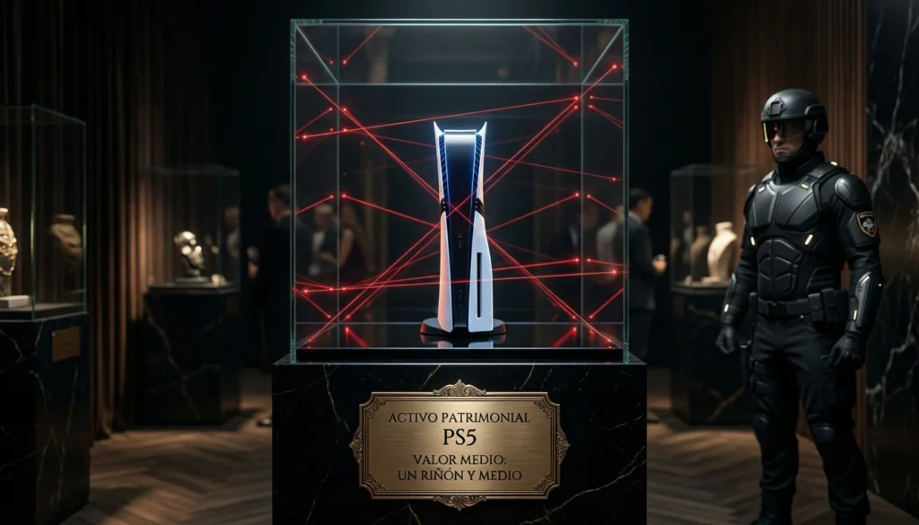 El histórico atraco de Sony: la subida de precio de PS5 que confirma la distopía gamer 7 Fotografía de lujo de una PS5 Pro en un pedestal de mármol blindado con un cartel dorado que dice 'ACTIVO PATRIMONIAL PS5. VALOR MEDIO: UN RIÑÓN Y MEDIO'