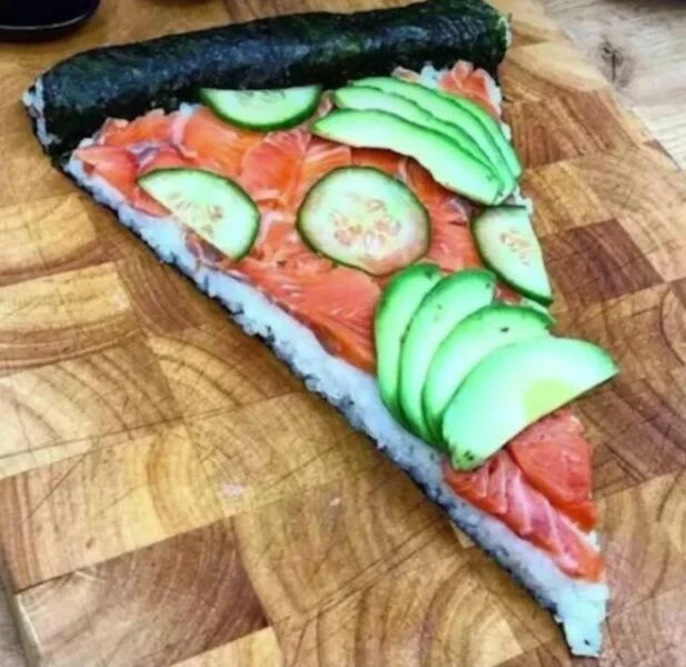 rebanada sushi pizza salmon aguacate