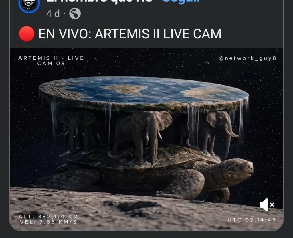Una imagen satírica que muestra la Tierra como un disco plano sostenido por cuatro elefantes sobre una tortuga gigante en el espacio. El gráfico imita una transmisión en vivo de la misión Artemis II con datos de telemetría falsos.