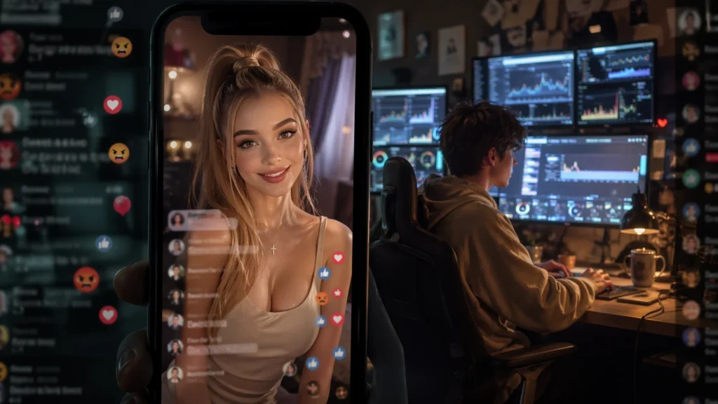 Una pantalla de smartphone muestra a una influencer IA joven  sonriente en primer plano, mientras en el fondo un hombre analiza gráficos financieros en múltiples monitores. La imagen representa la intersección entre el entretenimiento en redes sociales.