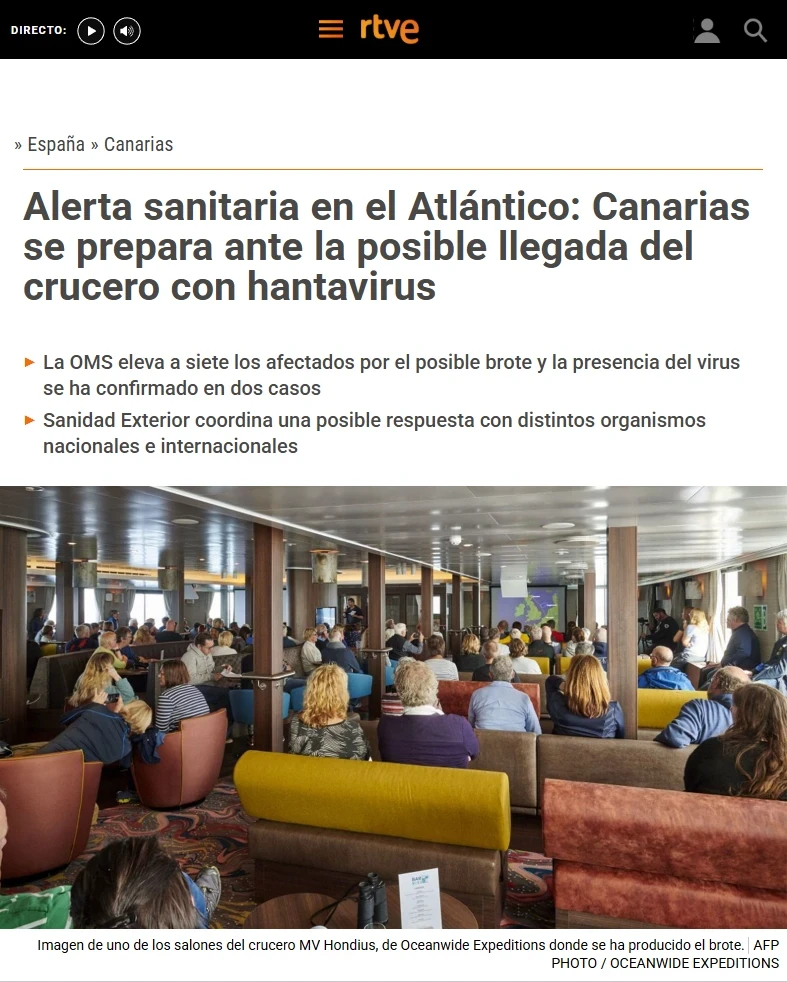 Instalando en el server próxima pandemia.... 1 Una noticia de RTVE informa sobre una alerta sanitaria por hantavirus en un crucero que podría llegar a Canarias. La imagen muestra el interior de un salón concurrido del barco MV Hondius.