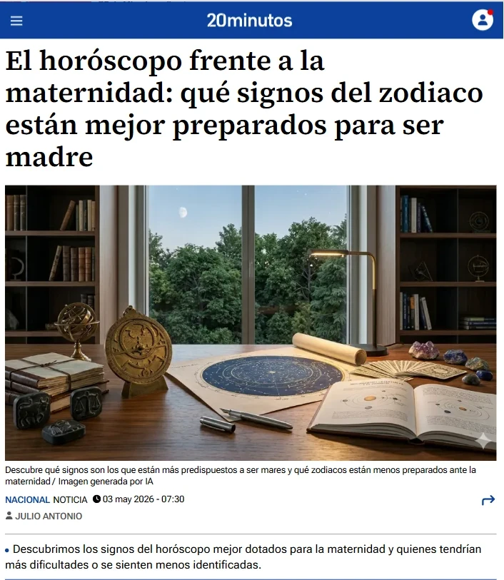 Captura de pantalla de un artículo de prensa sobre el horóscopo y la maternidad, con una imagen de un escritorio lleno de mapas estelares, cristales y herramientas de astrología. El titular destaca qué signos del zodiaco están mejor preparados para ser madre.