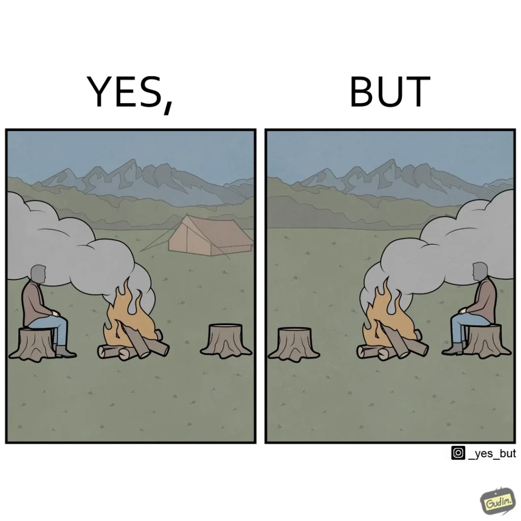 Cómic de dos paneles donde un hombre sentado junto a una fogata intenta evitar el humo cambiándose de lugar, pero el humo cambia de dirección y vuelve a soplar hacia él.