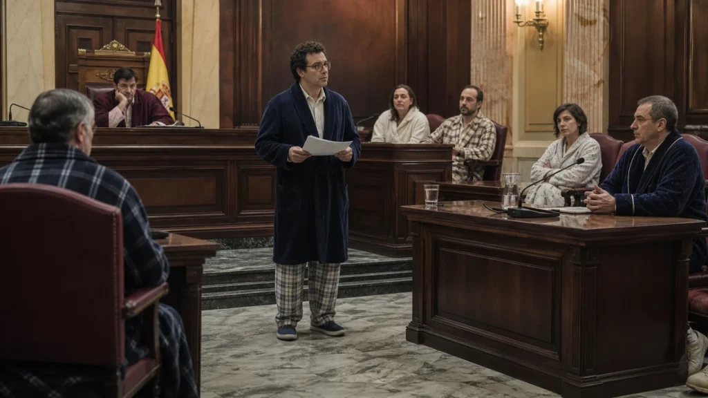 Un hombre con una bata azul y pantalones de pijama de cuadros presenta un caso en una sala de tribunal donde todos los presentes visten ropa de dormir. La escena captura un momento formal e institucional contrastado por el atuendo informal y hogareño de los participantes.