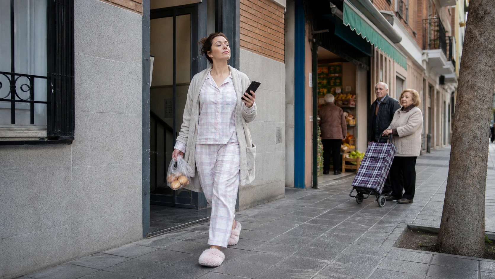 mujer pijama calle pan movil 1