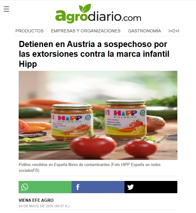 Han detenido al infraser que se dedicaba a poner raticida en comida para bebés 2 Artículo de noticias sobre la detención de un sospechoso por extorsiones a la marca Hipp, con una imagen de dos frascos de potitos rodeados de verduras frescas.