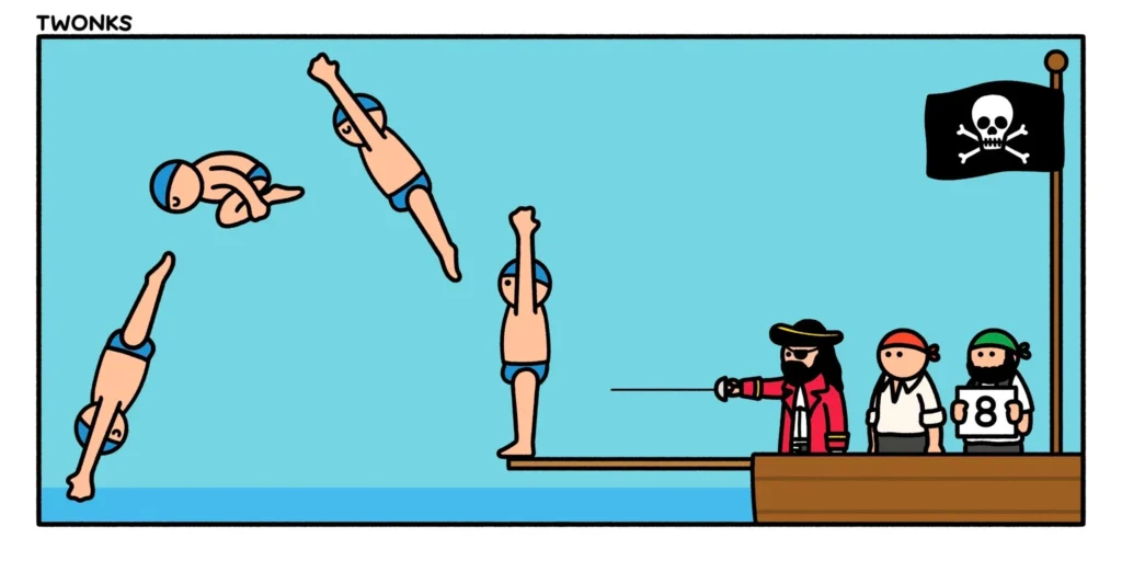 Un dibujo cómico muestra a un nadador realizando un clavado artístico desde el tablón de un barco pirata. Mientras salta, tres piratas en la cubierta lo observan, y uno de ellos sostiene un cartel con una puntuación de ocho.