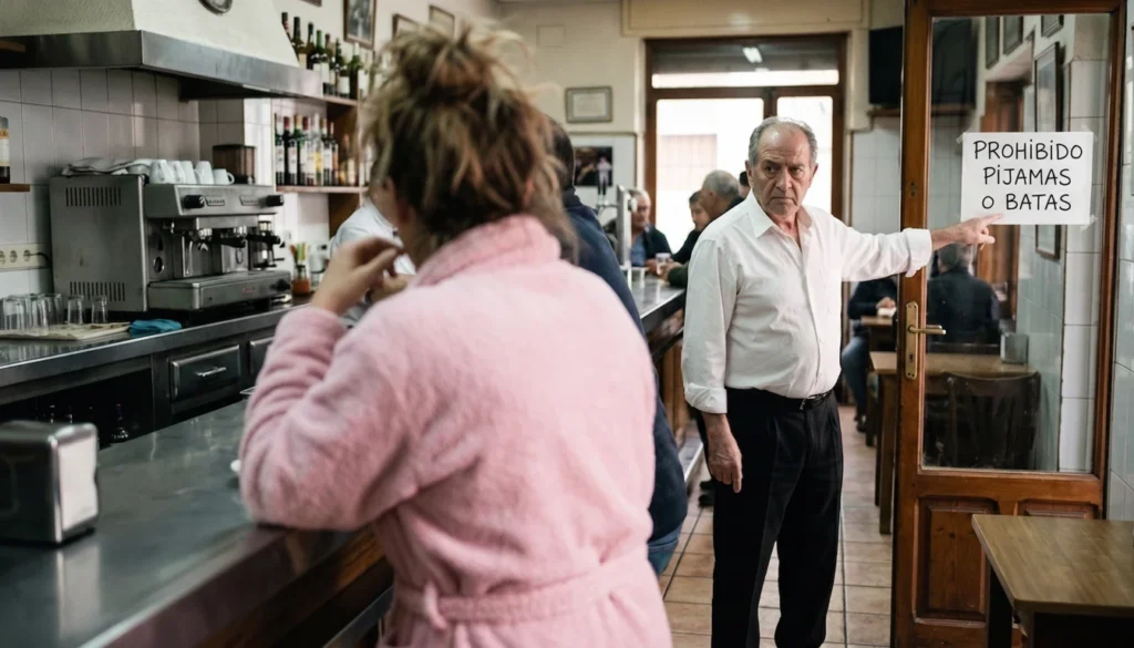 Un camarero señala seriamente un cartel que prohíbe pijamas o batas mientras una mujer con una bata rosa espera en la barra de un bar tradicional. La escena captura un momento de tensión cómica por el incumplimiento de la norma de vestimenta.
